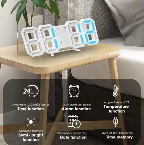Buy a 3D LED digital alarm clock wall clock featuring time, date, and temperature display.